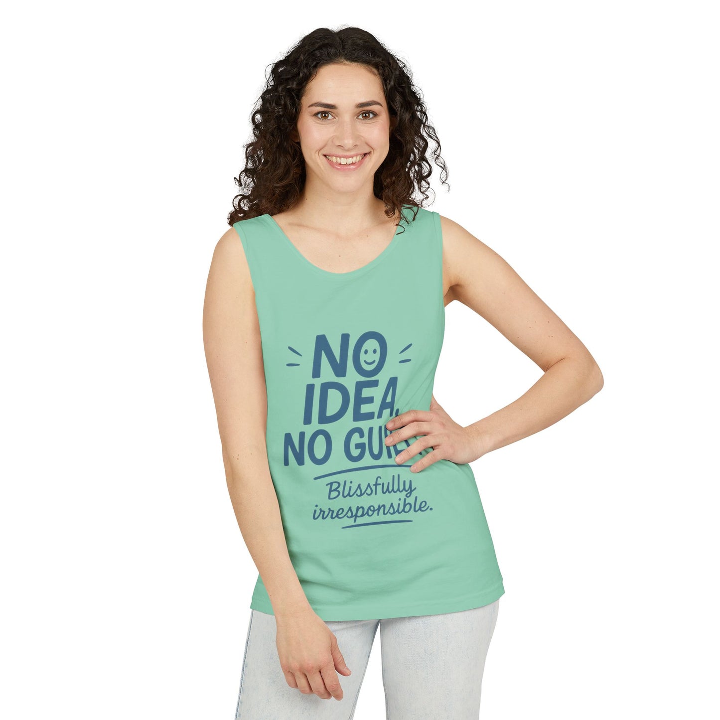 Womens No Guilt Tank Top, No Idea Funny Quote, Blissfully Irresponsible Workout Tee, Casual Sleeveless Top, Summer Activewear, Relaxed Style