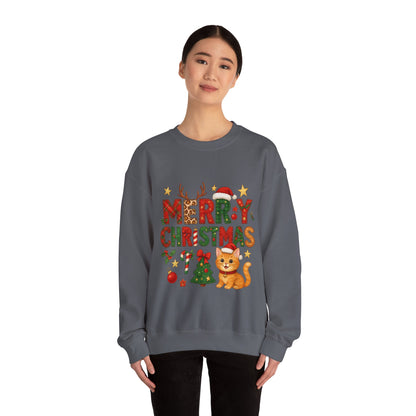 Women's Merry Christmas Cat Sweatshirt, Cozy Holiday Cat Lover Pullover, Women's Heavy Blend™ Crewneck Sweatshirt