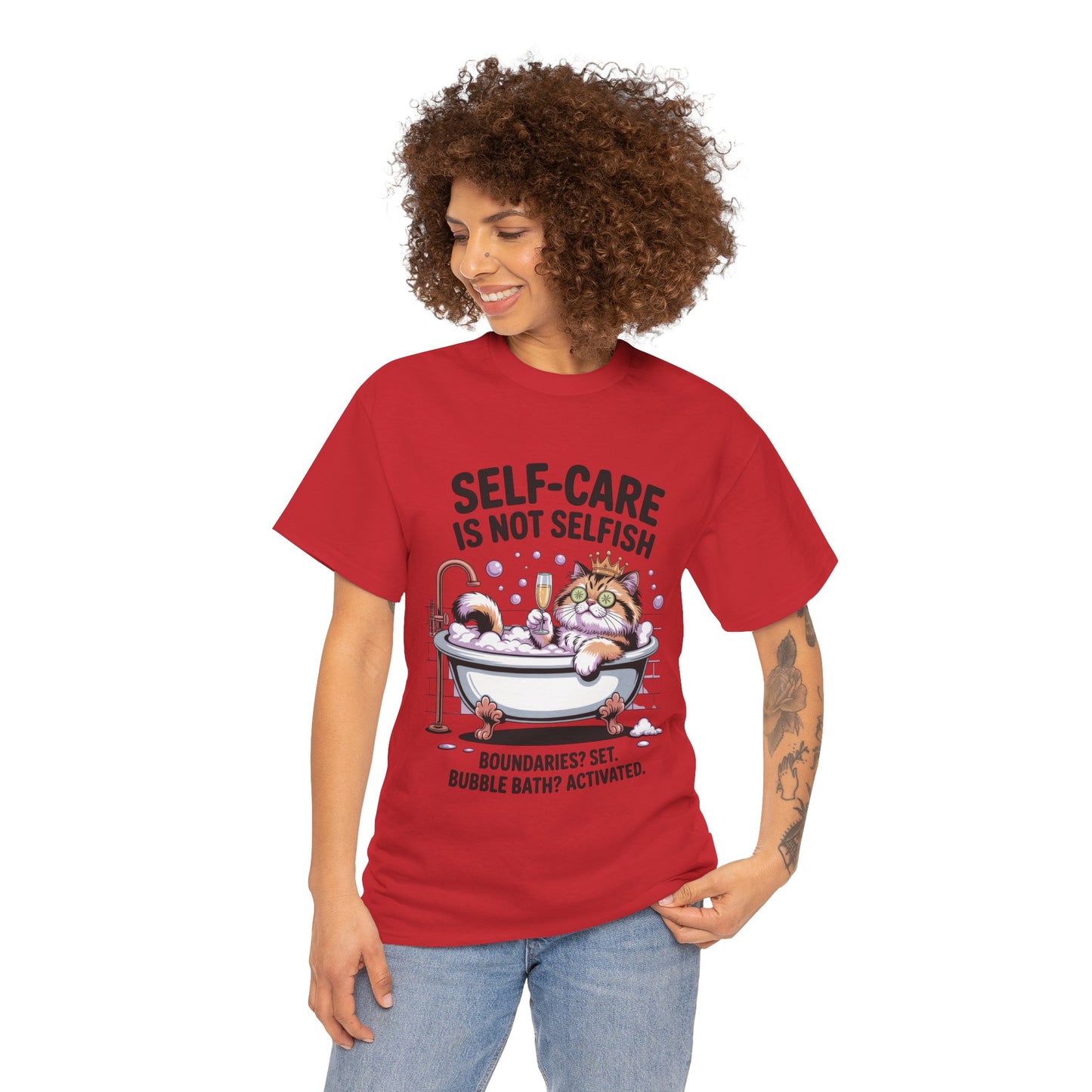 Womens Heavy Cotton Tee, Self-Care Cat Shirt, Funny Cat Bubble Bath Tee, Relaxing Kitty Graphic, Self Care Is Not Selfish Womens T-Shirt