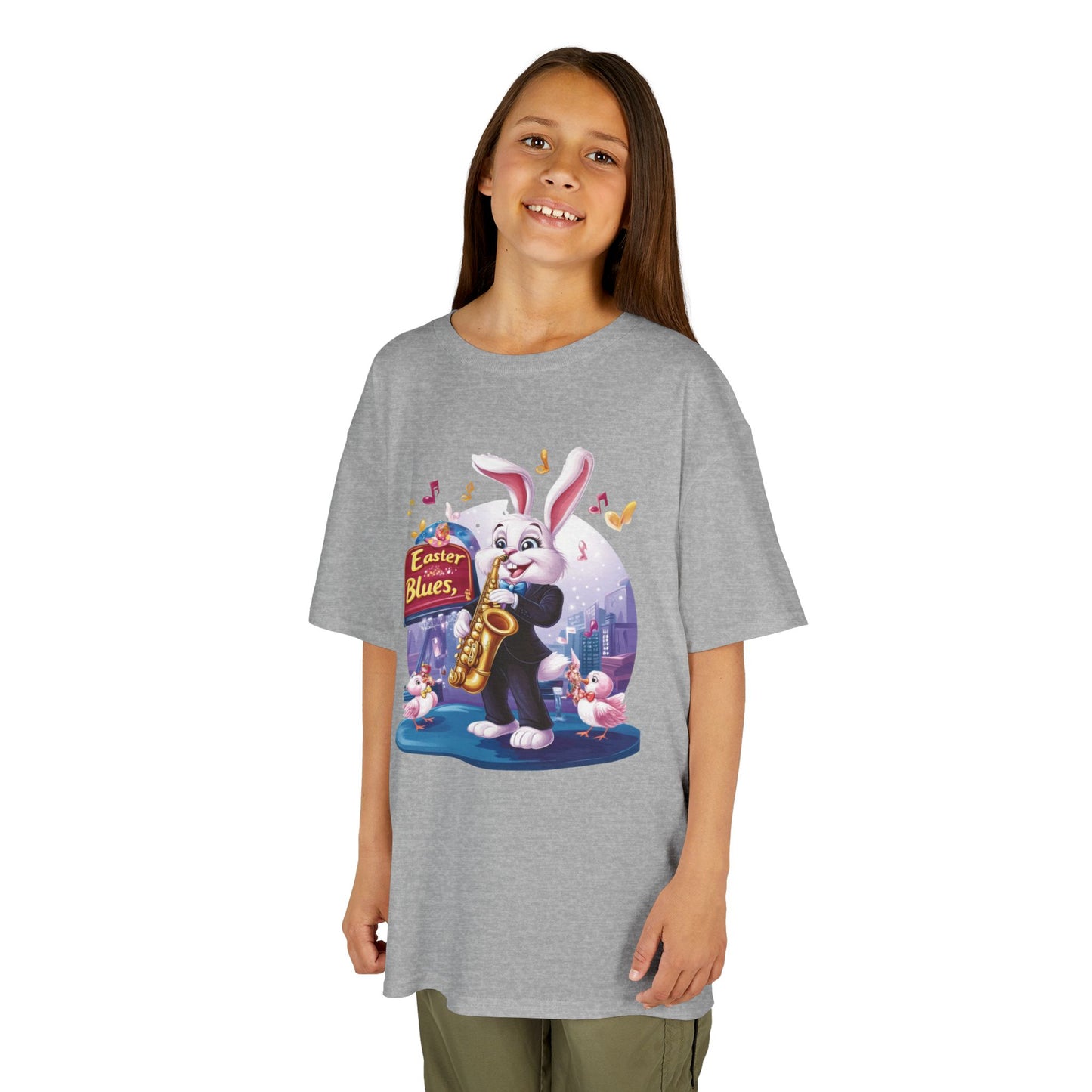 Easter Blues Bunny Kids T-Shirt - Cute Jazz Music Themed Tee for Boys and Girls, Fun Spring Gift, Bunny Playing Saxophone Design
