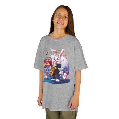 Easter Blues Bunny Kids T-Shirt - Cute Jazz Music Themed Tee for Boys and Girls, Fun Spring Gift, Bunny Playing Saxophone Design