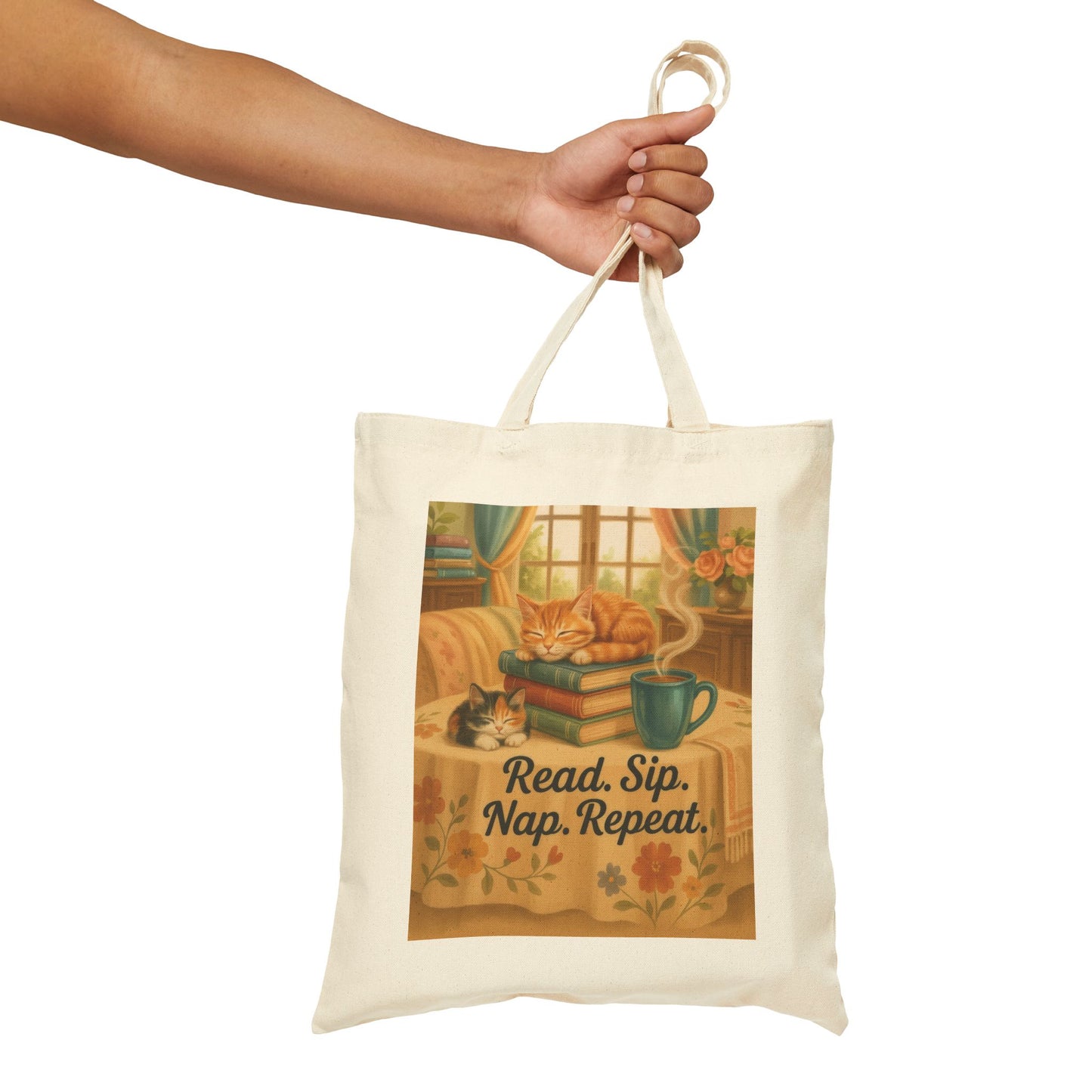 Cute Cotton Canvas Tote Bag - Read Sip Nap Repeat | Perfect for Book Lovers, Cat Lovers, Eco-Friendly Gift, Reusable Shopping Bag, Charming