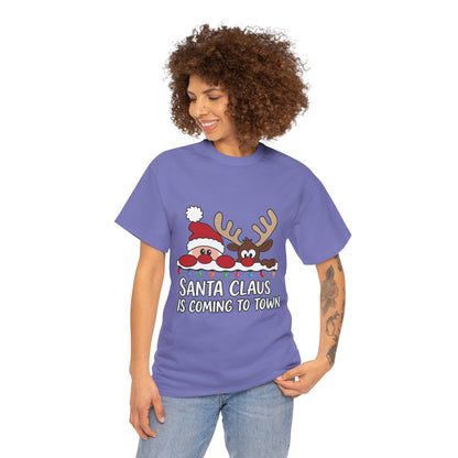 Santa Claus Is Coming to Town Women's Christmas T-Shirt, Cute Santa - Reindeer Holiday Tee