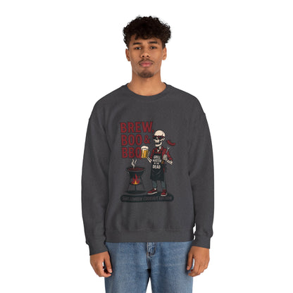 Halloween BBQ Men's Sweatshirt, Brew Boo & BBQ Skeleton Grill Master, Spooky Dad Gift, Skeleton Dad Sweat, Grill Master Crew
