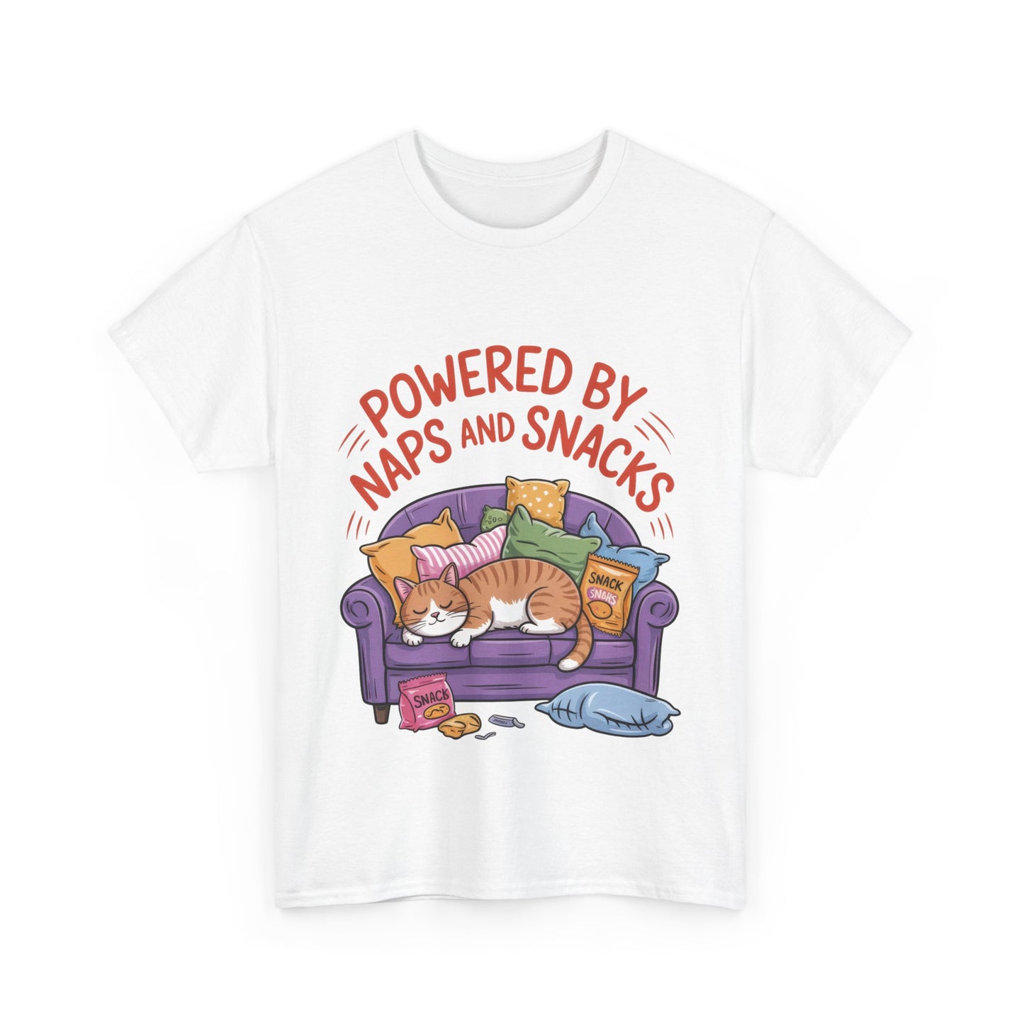 Powered by Naps and Snacks Cat T-Shirt, Funny Lazy Cat Lover Womens Tee, Cute Humor Shirt, Cozy Gift for Her, Cozy Cat Lover T-Shirt