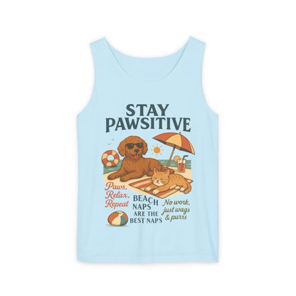 Stay Pawsitive Womens Tank, Cute Dog & Cat Beach Tee, Summer Pet Lover Tee, Animal Graphic Heavy Cotton Tee, Fun Pet Lovers Gift, Summer Top