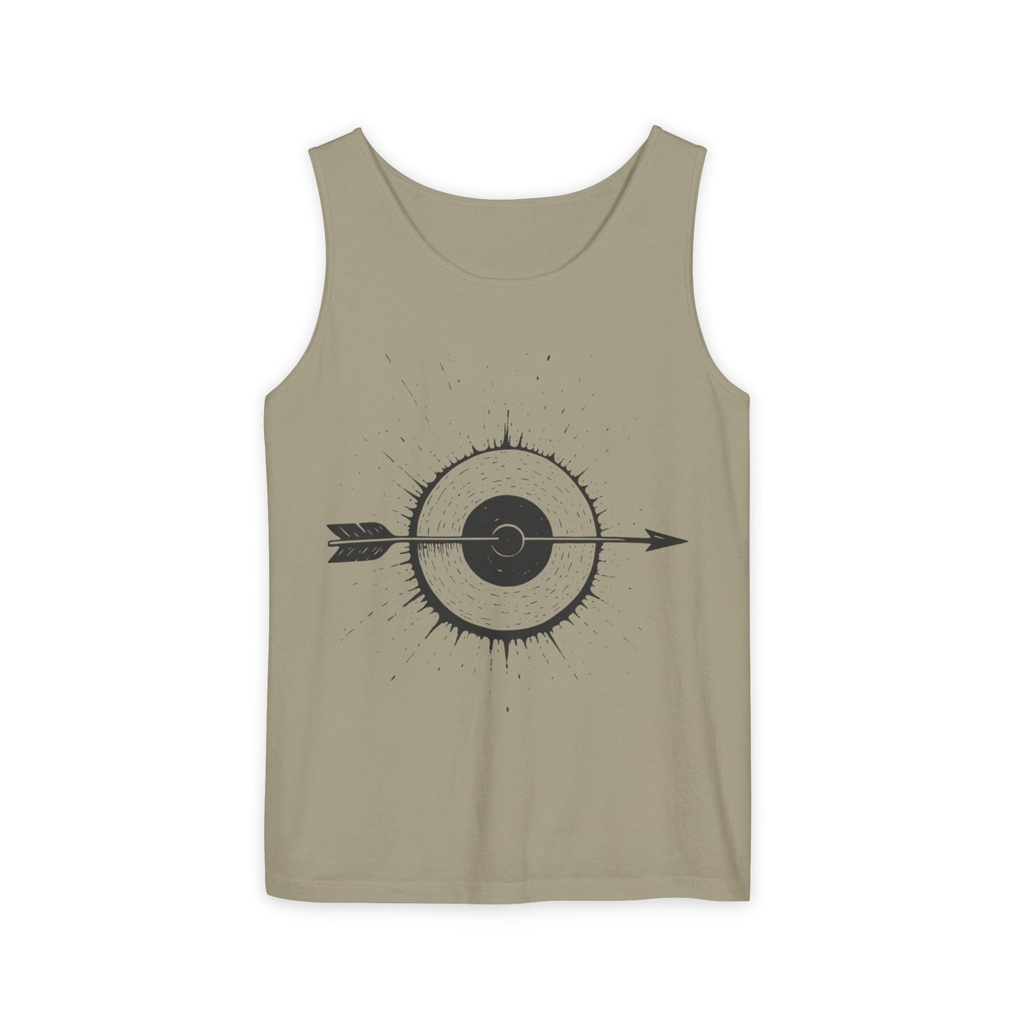 Mens Garment-Dyed Tank Top with Target Arrow Design, Casual Wear, Summer Essentials, Gym Wear, Gifts for Archery Lovers
