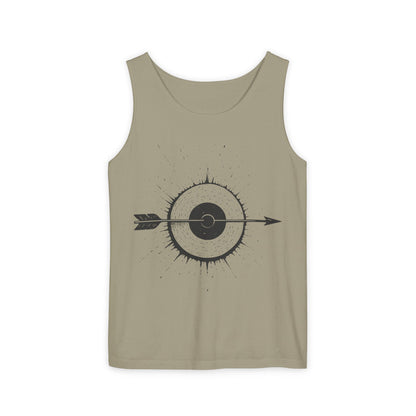 Mens Garment-Dyed Tank Top with Target Arrow Design, Casual Wear, Summer Essentials, Gym Wear, Gifts for Archery Lovers
