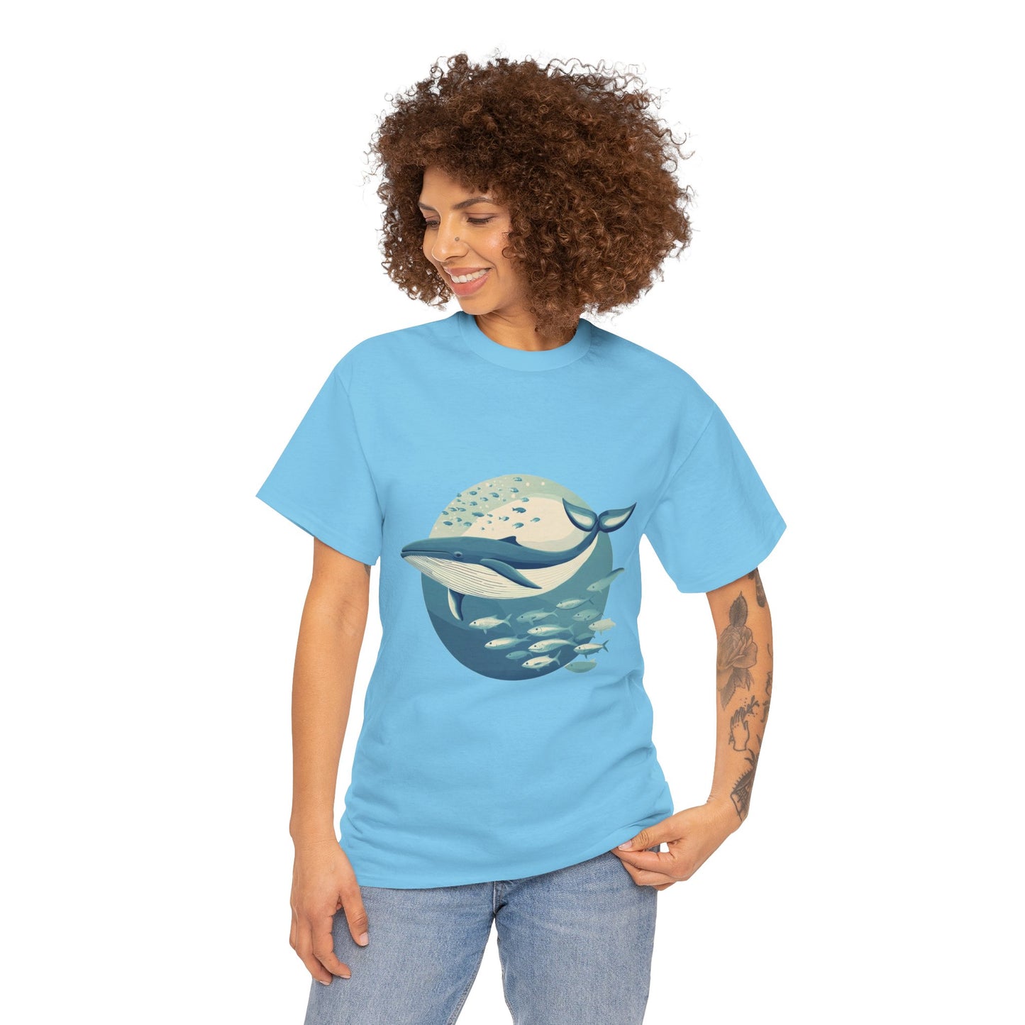 Whale and Fish Unisex Heavy Cotton Tee, Ocean Lover Shirt, Nature Tee, Sea Creature Gift, Casual Summer Top, Ocean Whale Graphic Tee