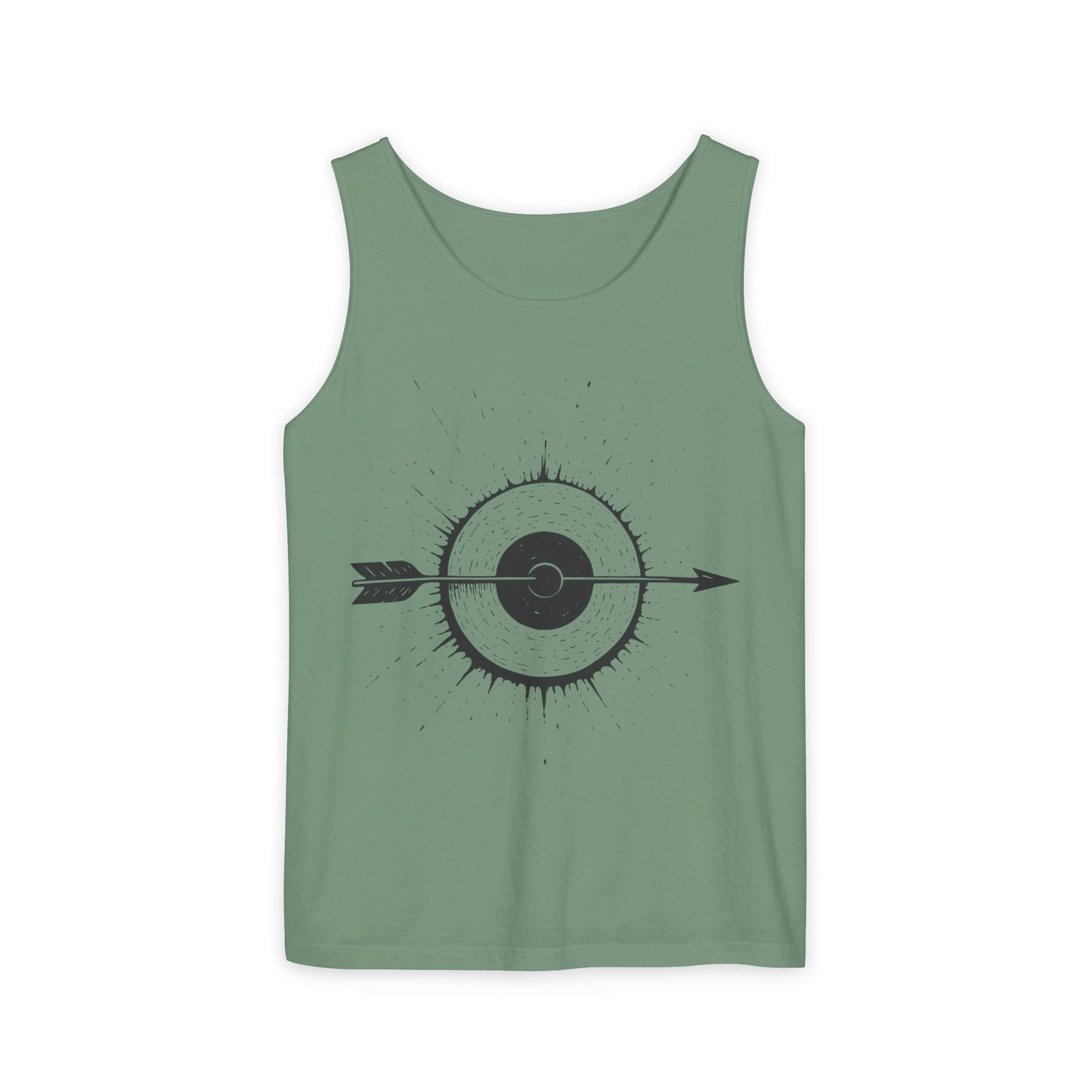 Mens Garment-Dyed Tank Top with Target Arrow Design, Casual Wear, Summer Essentials, Gym Wear, Gifts for Archery Lovers