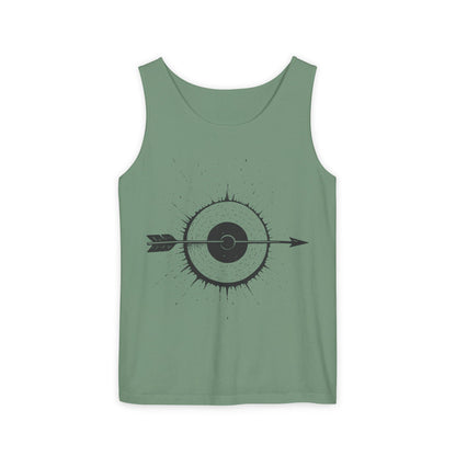 Mens Garment-Dyed Tank Top with Target Arrow Design, Casual Wear, Summer Essentials, Gym Wear, Gifts for Archery Lovers