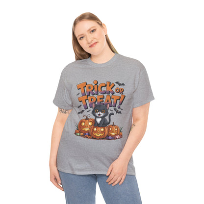 Cute Black Cat Trick or Treat Halloween T-Shirt for Women, Funny Pumpkin Cat Tee, Spooky Fall Shirt, Matching Family Halloween Shirts