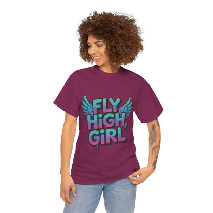 Womens Graphic Tee Fly High Girl, Angel Wings Graffiti Drip T-Shirt, Bold Streetwear Top
