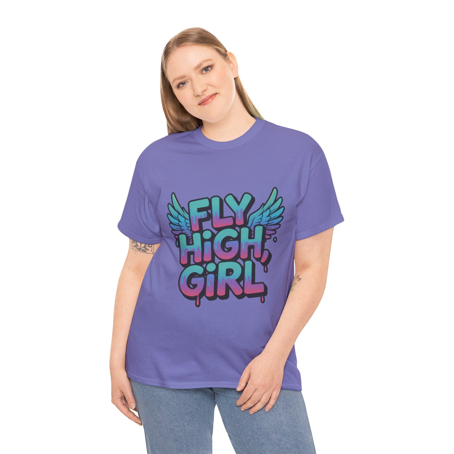 Womens Graphic Tee Fly High Girl, Angel Wings Graffiti Drip T-Shirt, Bold Streetwear Top