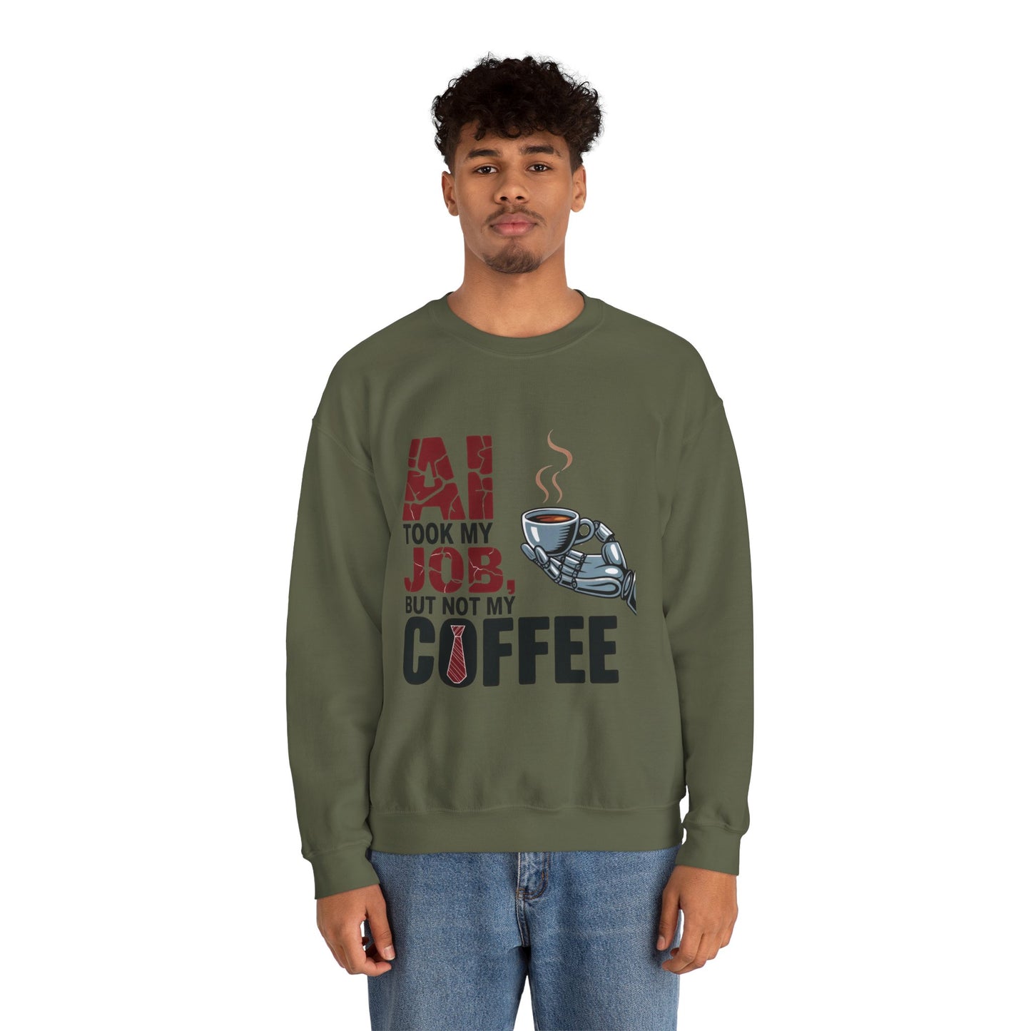 Men's AI Coffee Sweatshirt, Funny Robot Humor Pullover, Geek Sarcastic Job Joke Top, Men's Heavy Blend™ Crewneck Sweatshirt, Office Humor