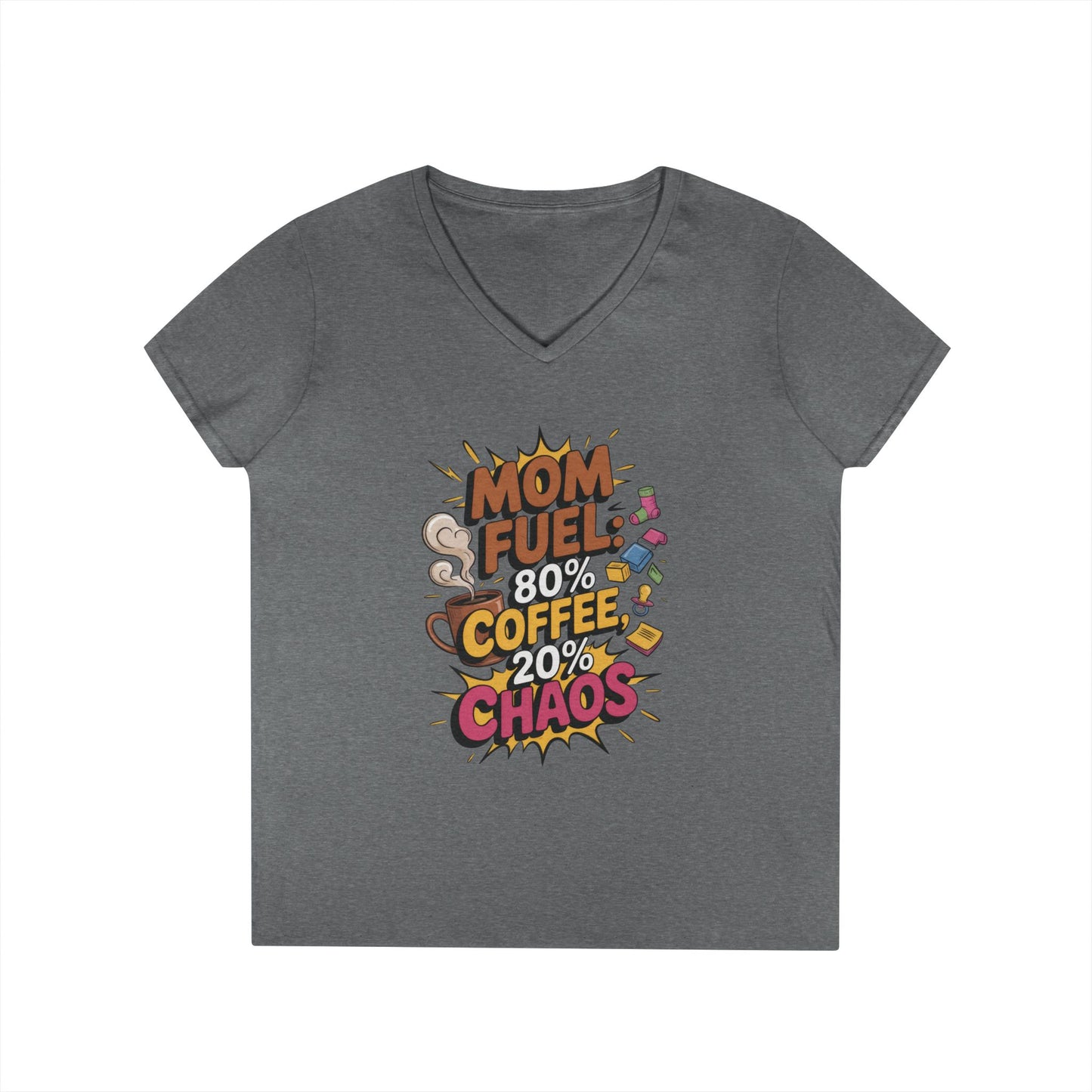 Mom Fuel V-Neck T-Shirt, Funny Gift for Moms, Coffee Lovers, Mother's Day, Everyday Humor, Tired Mom Life Tee, Coffee Loving Moms