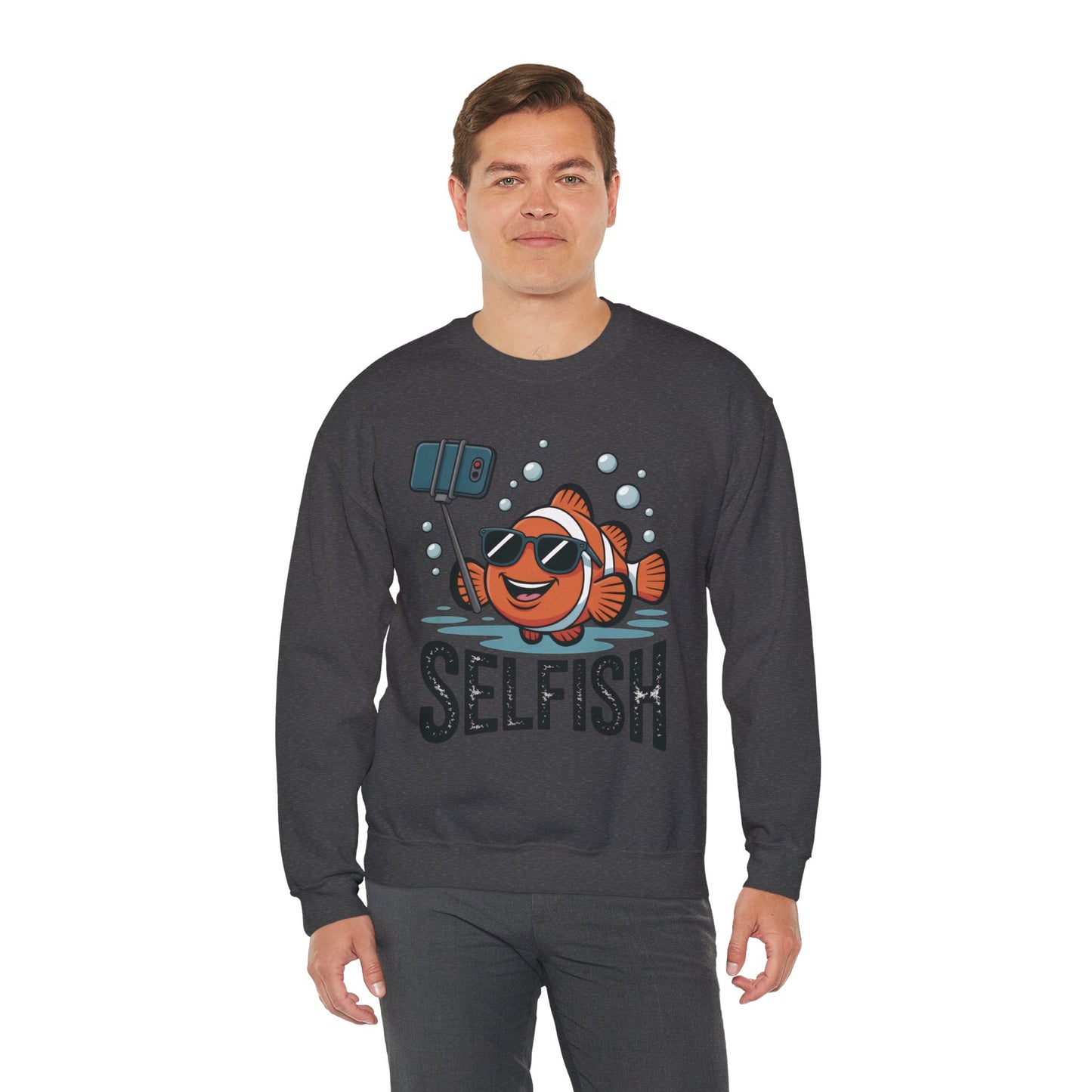 Unisex Heavy Blend™ Crewneck Sweatshirt, Mens Selfish Funny Fish Sweatshirt, Cute Selfie Pullover, Ocean Humor Top