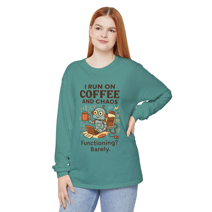 Coffee Chaos Long Sleeve Tee, Funny T-Shirt, Quirky Gift for Coffee Lovers, Unisex Top for Busy Lives, Work from Home Humor Tee