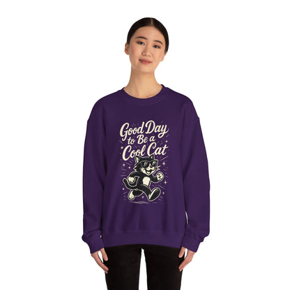 Funny Cool Cat Womens Crewneck Sweatshirt - Good Day to Be a Cool Cat Retro Kitty Pullover - Cute Cat Lover Sweater