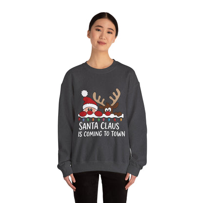 Santa Claus Is Coming to Town Women's Christmas Sweatshirt, Cute Santa - Reindeer Holiday Jumper
