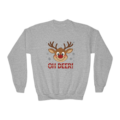 Girls Oh Deer Christmas Sweatshirt, Cute Reindeer Holiday Pullover, Youth Crewneck Sweatshirt