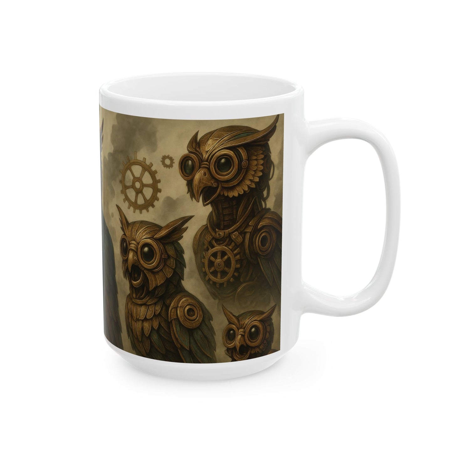 Steampunk Owl Mug, Victorian Mechanical Owl Coffee Cup, Brass Gear Owl Art, Industrial Fantasy Gift for Men & Steampunk Lovers, Mug, (15oz)