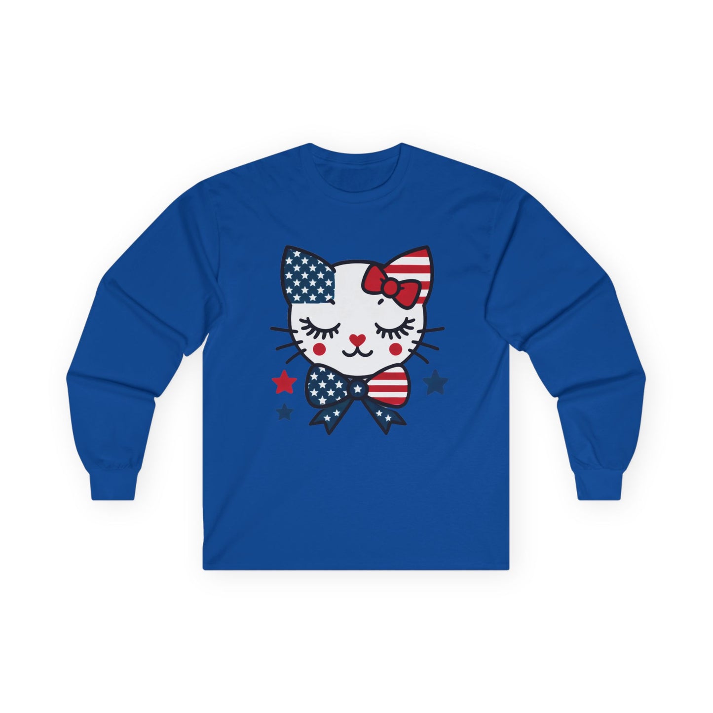Cute Patriotic Cat Long Sleeve Tee, Women's T-Shirt for Independence Day, 4th of July Celebration, Animal Lover Gift, USA Flag Design