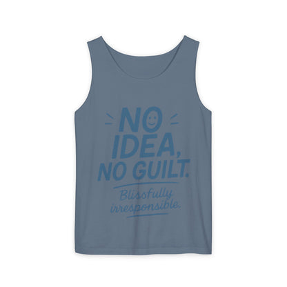 Mens Funny Tank Top, No Idea No Guilt Quote, Blissfully Irresponsible Gym Shirt, Casual Sleeveless Top, , Fun Party Shirt