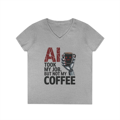 Ladies' V-Neck T-Shirt, Women's AI Coffee T-Shirt, Funny Robot Job Humor Tee, Geek Sarcastic Gift for Her, Sarcastic Work Shirt