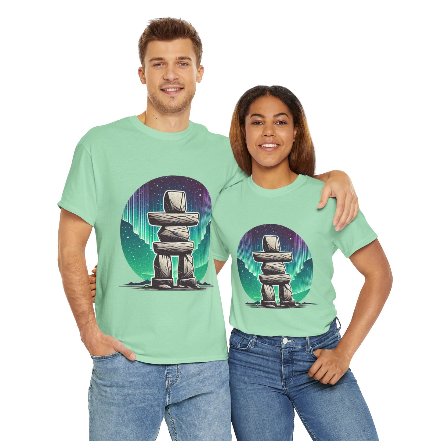 Aurora Stone Inukshuk Tee, Northern Lights Inukshuk T-Shirt,  Arctic Stone Stack Aurora Graphic Tee, Canada Inuit Symbol Shirt