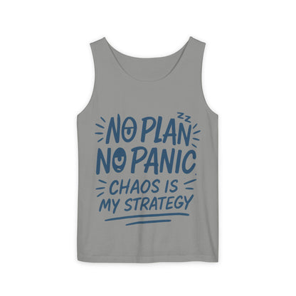 Funny Chaos Quote Mens Tank Top, No Plan No Panic Humor Shirt, Casual Graphic Tee Gift for Him, Relaxed Fit, Workout Gym Humor Shirt
