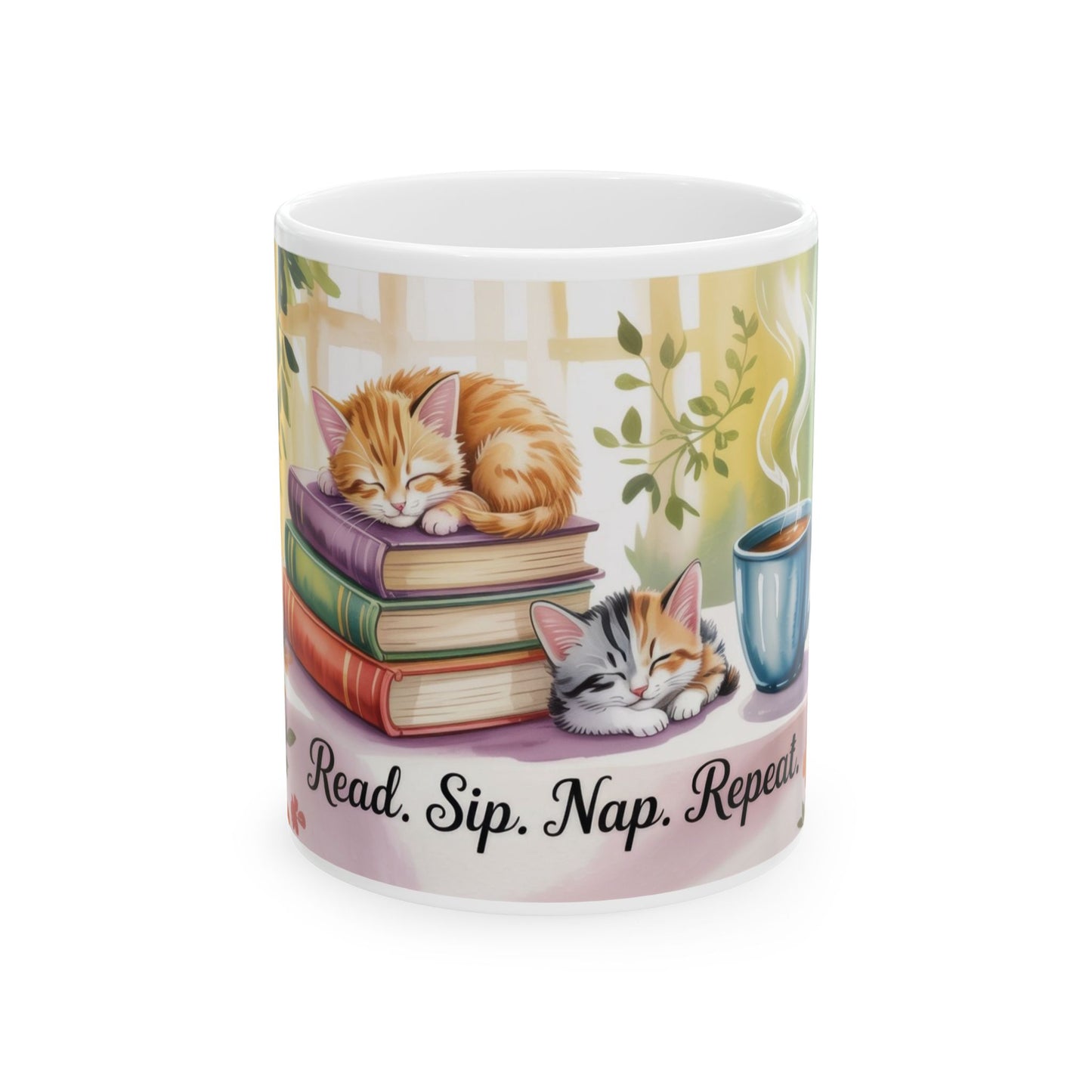 Cozy Cat Lover Mug, Ceramic Coffee Cup for Readers, Gift for Cat Lovers, Relaxing Tea Mug, Perfect for Home & Office, Book Lover Coffee Cup
