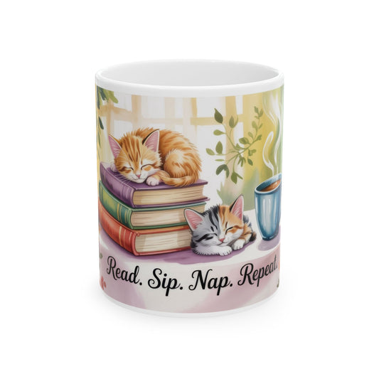 Cozy Cat Lover Mug, Ceramic Coffee Cup for Readers, Gift for Cat Lovers, Relaxing Tea Mug, Perfect for Home & Office, Book Lover Coffee Cup