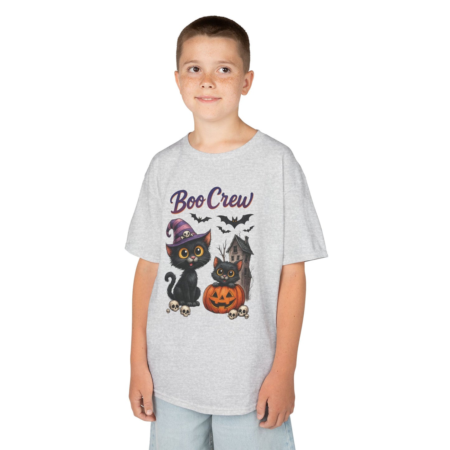 Boo Crew Kids Halloween T-Shirt, Cute Black Cats Pumpkin Design, Fun Spooky Shirt for Girls Boys