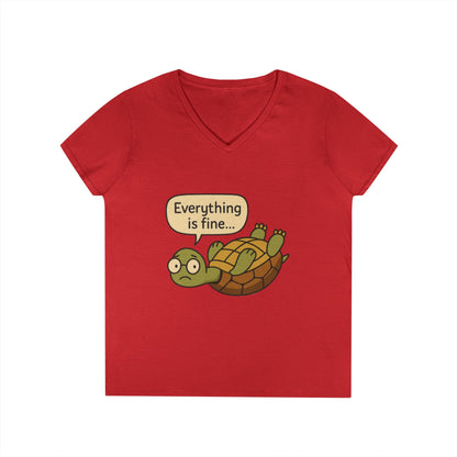 Cute & Comfy Turtle V-Neck T-Shirt - "Everything is fine..." design, Gift for Animal Lovers, Casual Wear, Fun Quotes, Positive message tee