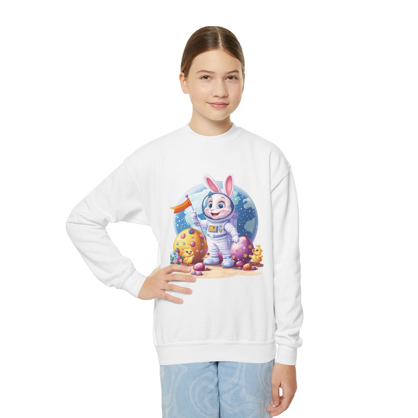Astronaut Easter Bunny Youth Sweatshirt, Space Bunny Galaxy Crewneck for Kids, Cute Space Easter Gift for Boys & Girls, Fun Space Themed