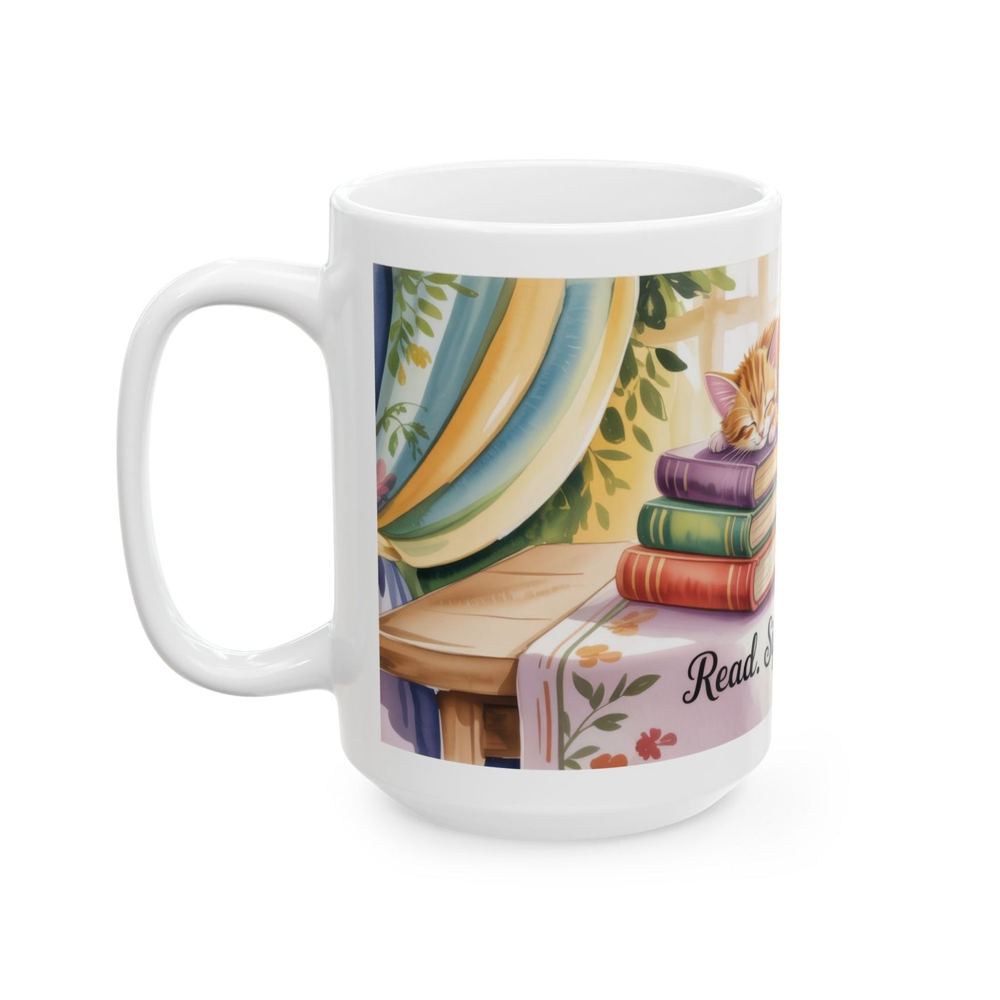 Cozy Cat Lover Mug, Ceramic Coffee Cup for Readers, Gift for Cat Lovers, Relaxing Tea Mug, Perfect for Home & Office, Book Lover Coffee Cup