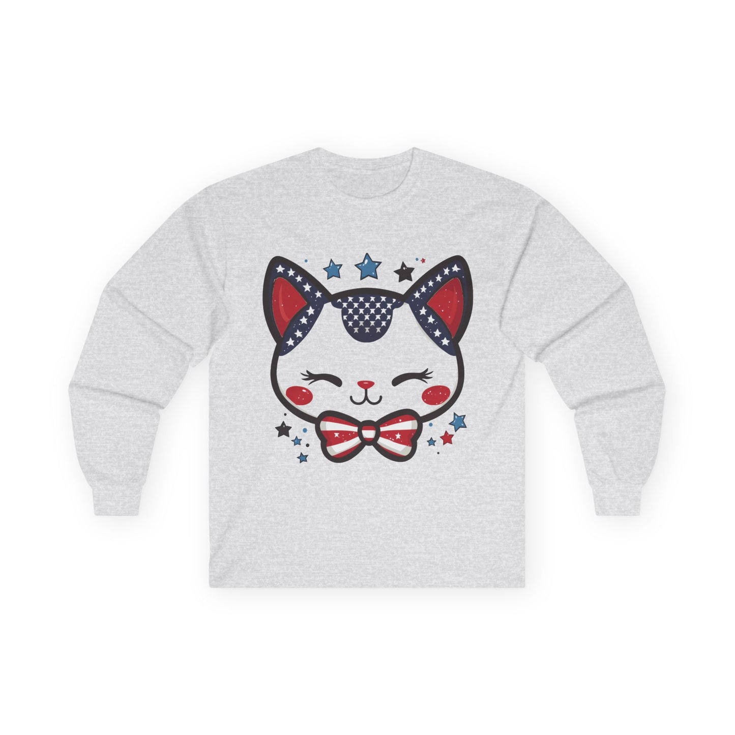 Cute Patriotic Cat Long Sleeve Tee, Unisex Cotton Shirt, Cat Lover Gift, 4th of July Tee, Fun Casual Wear, Holiday Apparel