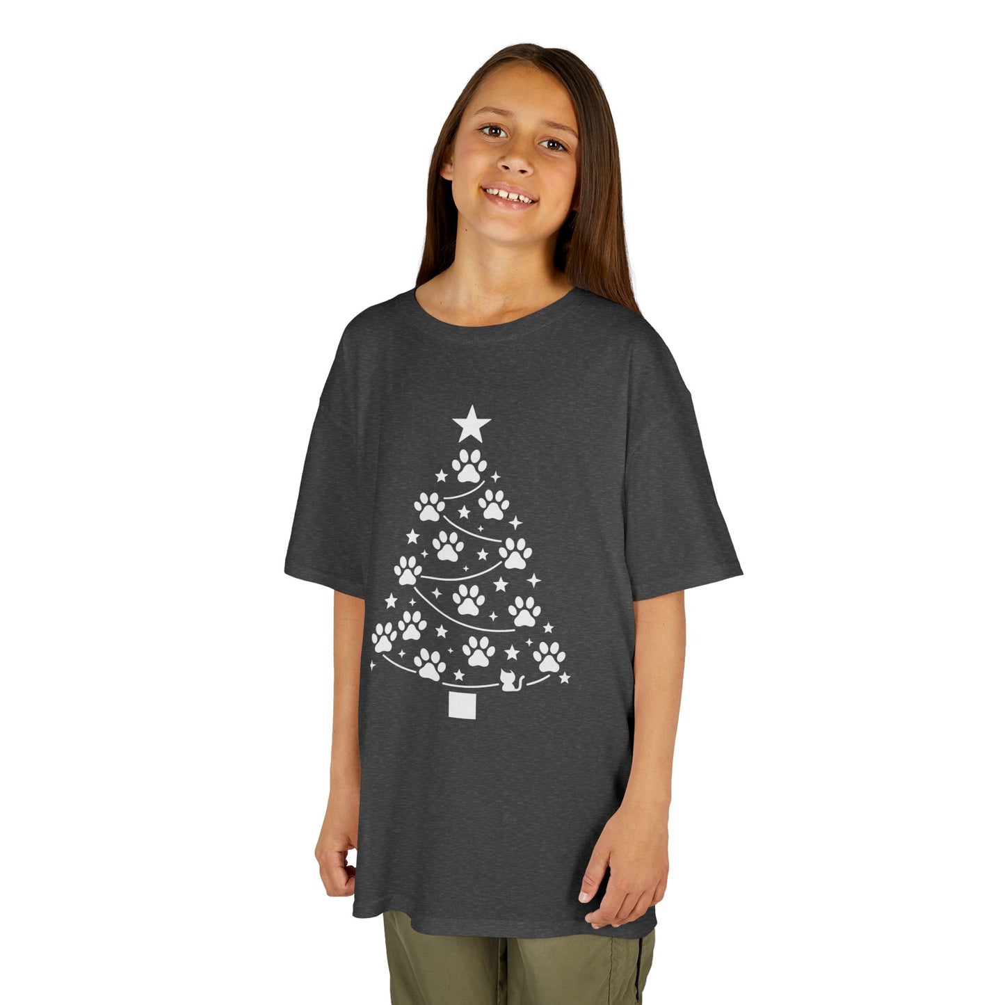 Paw Christmas Tree Girls Youth T-Shirt, Cute Pet Lover Holiday Tee