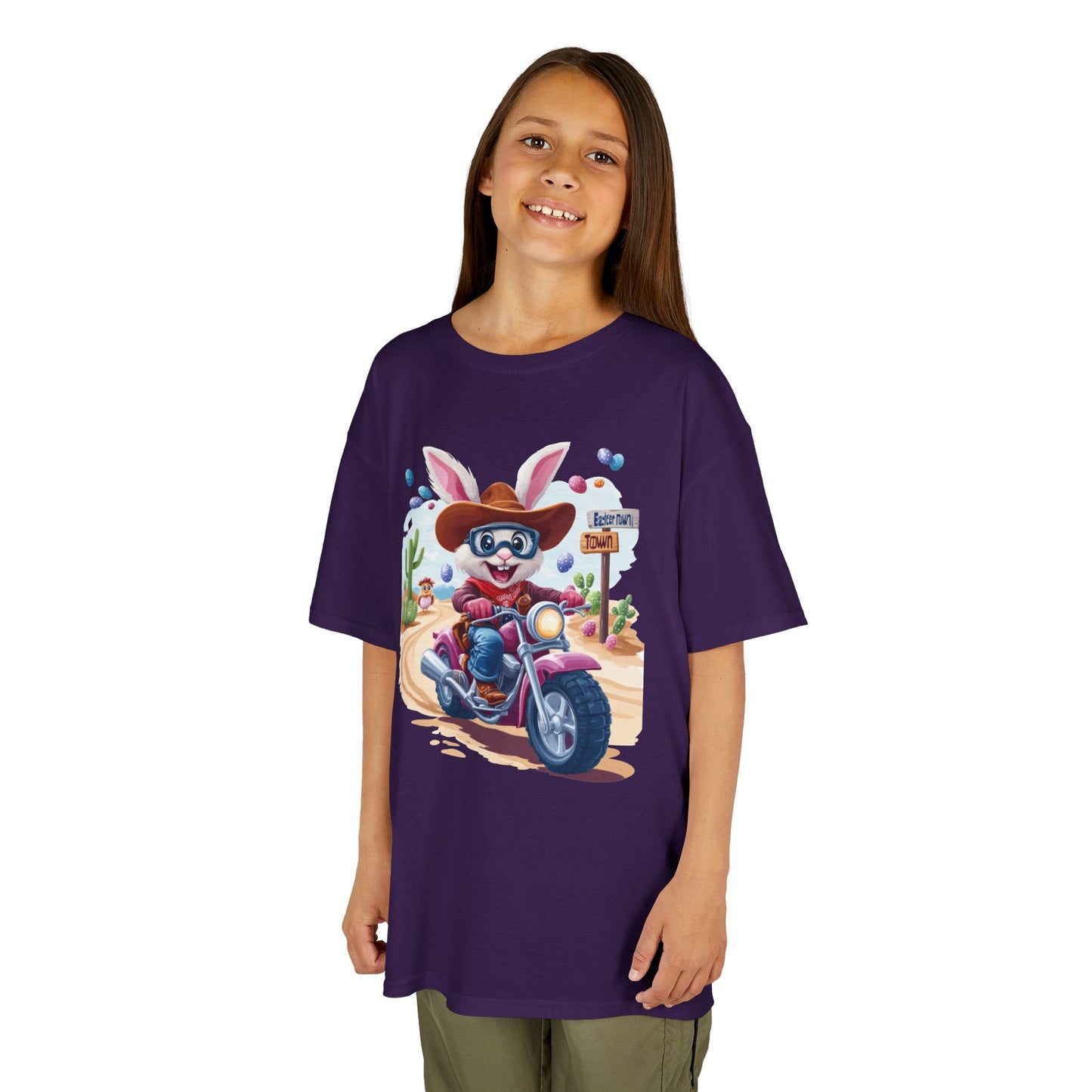 Biker Bunny Kids Tee - Fun Easter Shirt for Boys & Girls, Cute Spring Outfit with Motorcycle Rabbit Heavy Cotton Toddler T-Shirt Bunny Rider