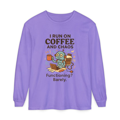 Coffee Chaos Long Sleeve Tee, Funny T-Shirt, Quirky Gift for Coffee Lovers, Unisex Top for Busy Lives, Work from Home Humor Tee
