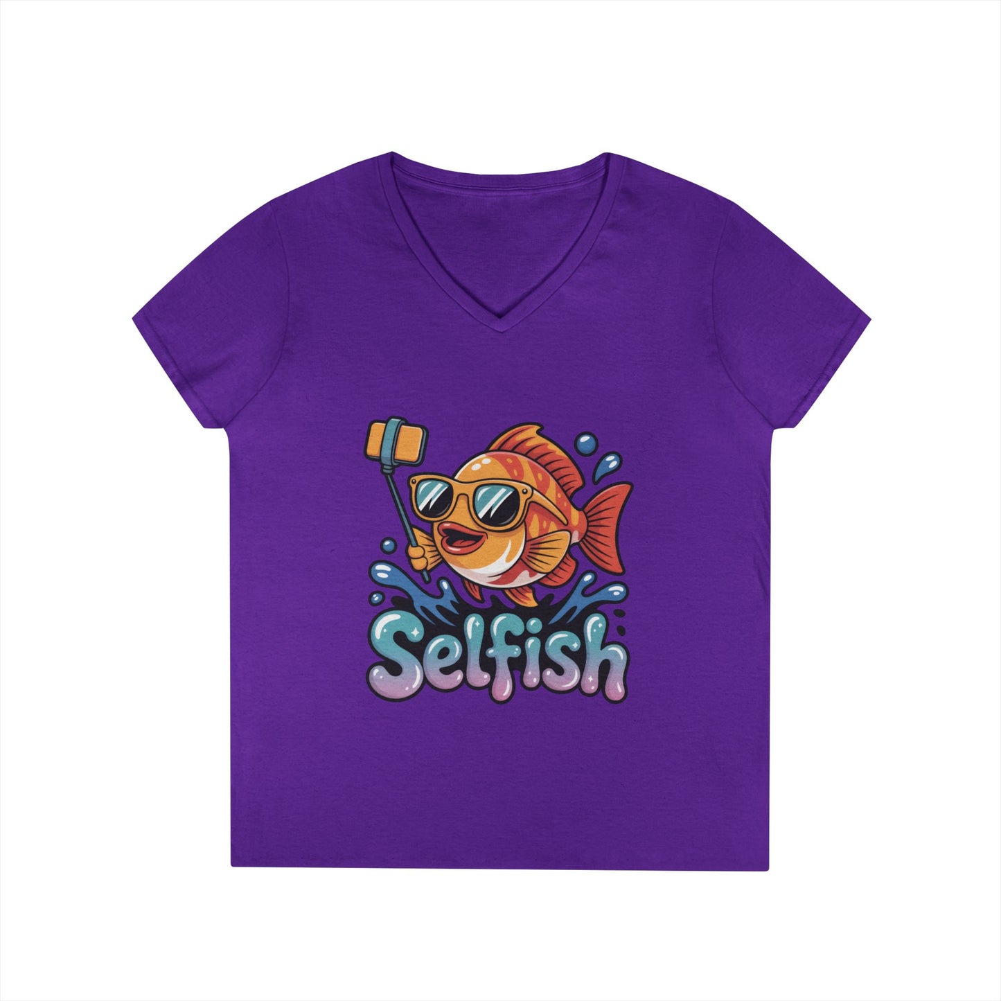 Ladies' V-Neck T-Shirt, Funny Selfie Fish Graphic Womens Tee, Playful Pun Gift for Her, Summer Vibes, Unique Beach Shirt, Outdoor Adventures