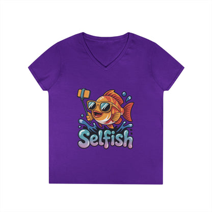 Ladies' V-Neck T-Shirt, Funny Selfie Fish Graphic Womens Tee, Playful Pun Gift for Her, Summer Vibes, Unique Beach Shirt, Outdoor Adventures