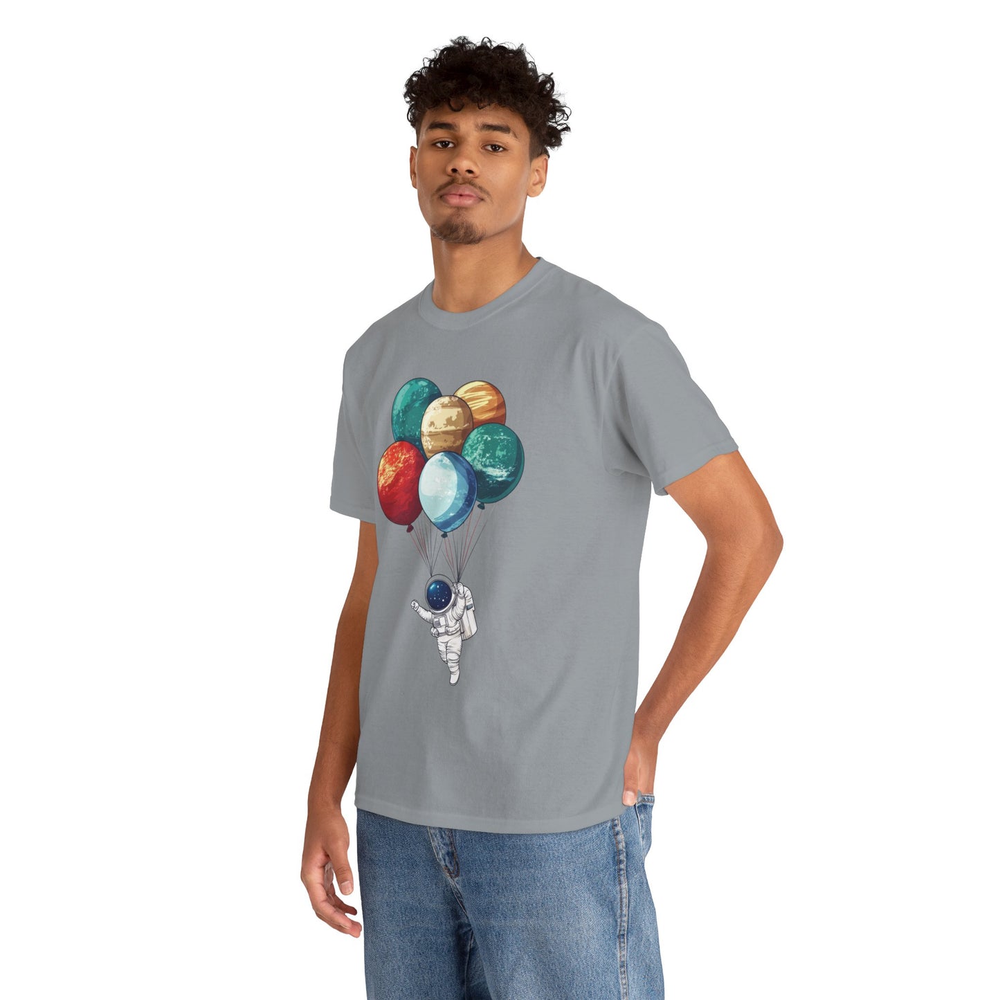 Astronaut with Planet Balloons T-Shirt, Space Lover Unisex Tee, Outer Space Graphic Shirt, Space Theme Shirt, Cosmic Adventure Top