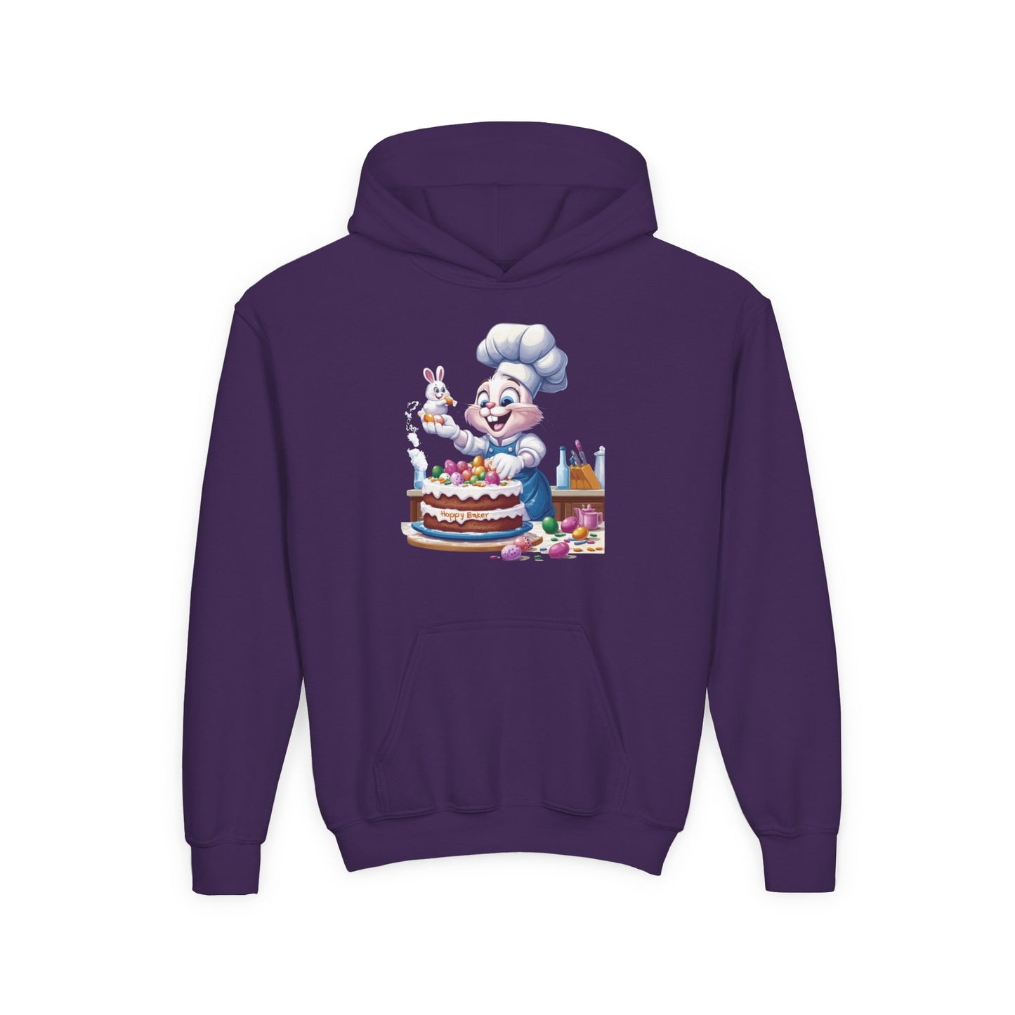 Hoppy Baker Easter Bunny Kids Hoodie - Cute Chef Bunny with Cake Design, Fun Spring Sweatshirt, Colorful Holiday Gift for Children