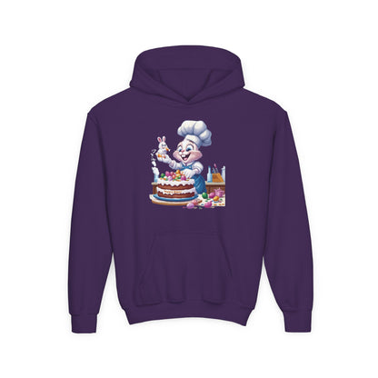 Hoppy Baker Easter Bunny Kids Hoodie - Cute Chef Bunny with Cake Design, Fun Spring Sweatshirt, Colorful Holiday Gift for Children