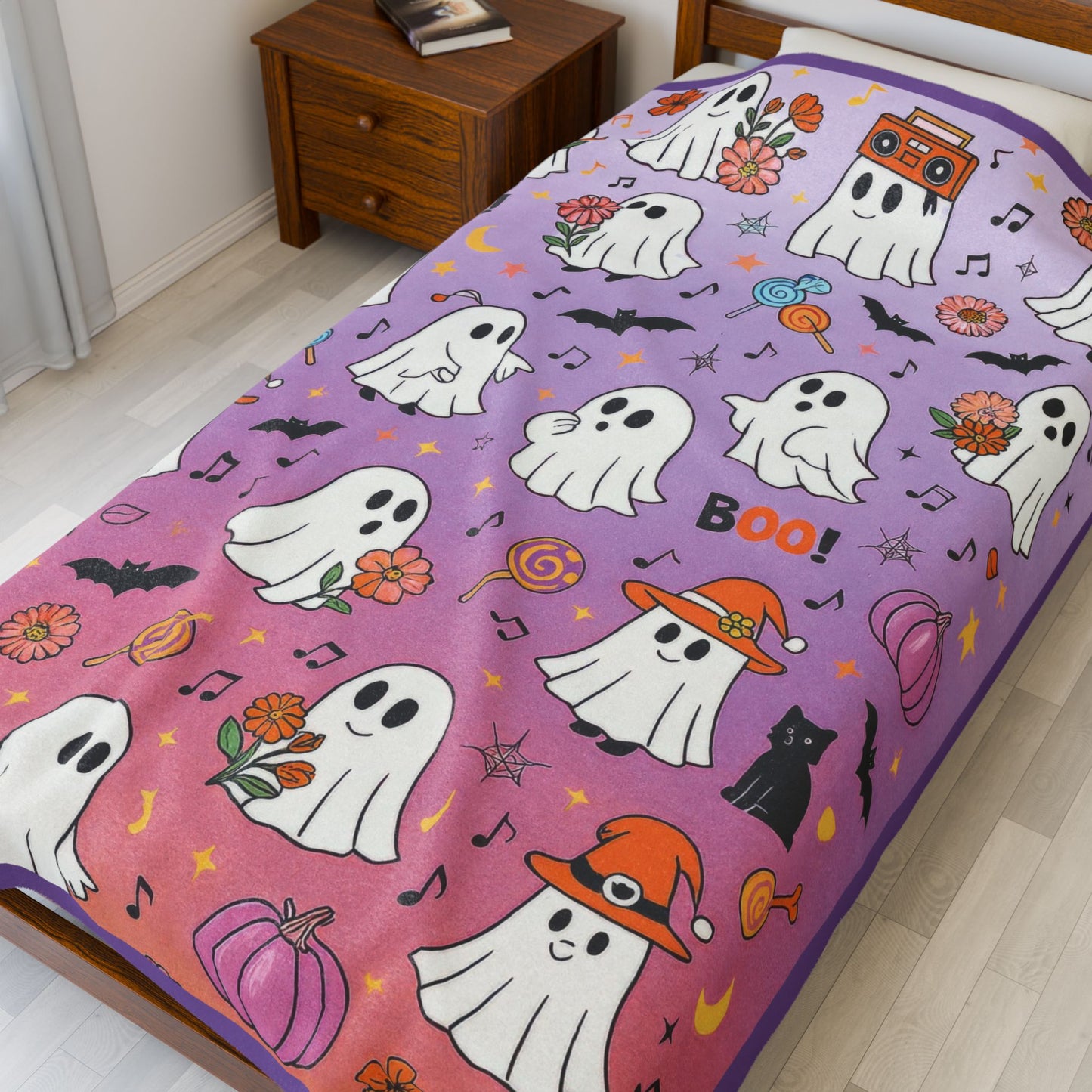 Cute Ghost Halloween Velveteen Plush Blanket for Kids, Purple Ghost and Candy Throw Blanket, Cozy Spooky Fall Blanket, Kawaii Boo Gift