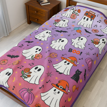 Cute Ghost Halloween Velveteen Plush Blanket for Kids, Purple Ghost and Candy Throw Blanket, Cozy Spooky Fall Blanket, Kawaii Boo Gift