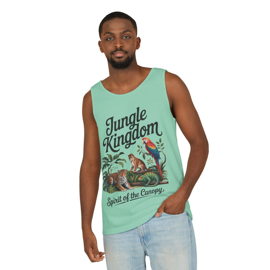 Jungle Kingdom Tank Top, Mens Garment-Dyed Sleeveless Shirt, Spirit of the Canopy Tee, Summer Outfit, Eco-Friendly Casual Wear