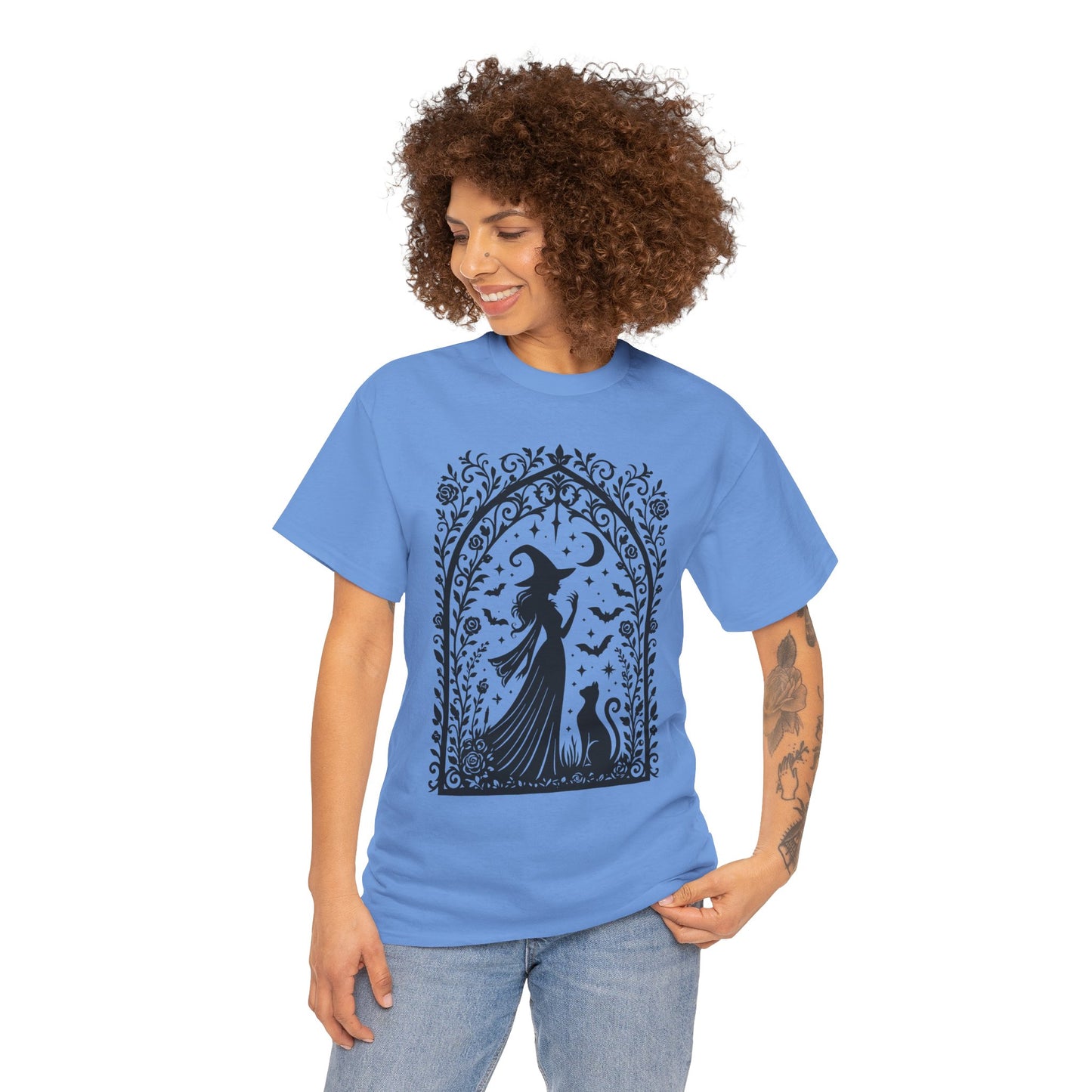 Gothic Witch & Cat Women's T-Shirt, Elegant Halloween Moon Silhouette Witchy Graphic Tee